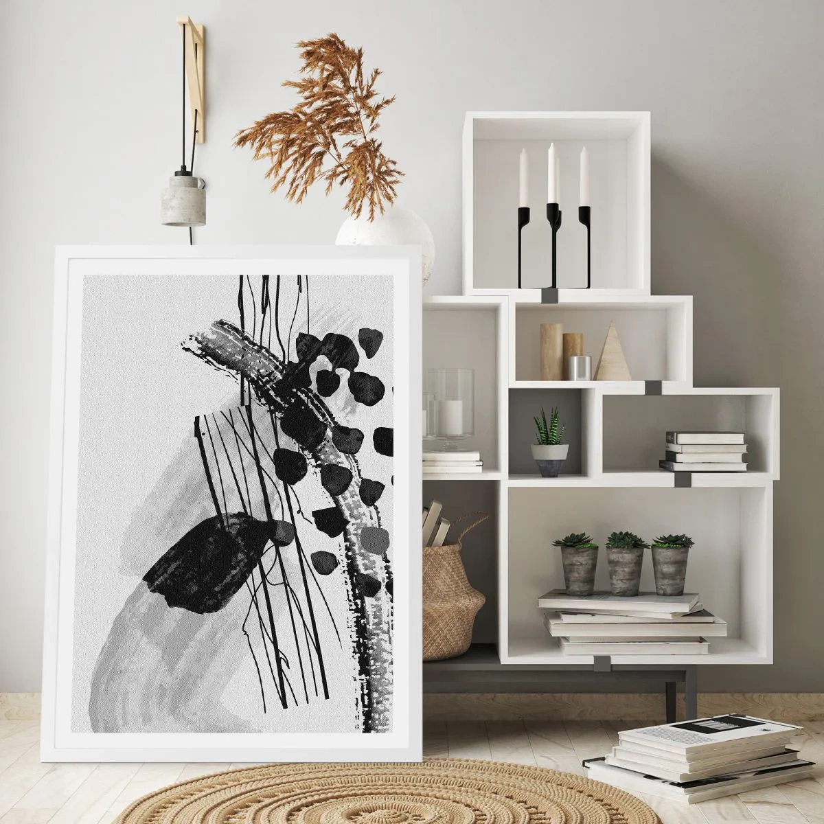 Póster en marco blanco - Abstracción orgánica en blanco y negro - 70x100 cm