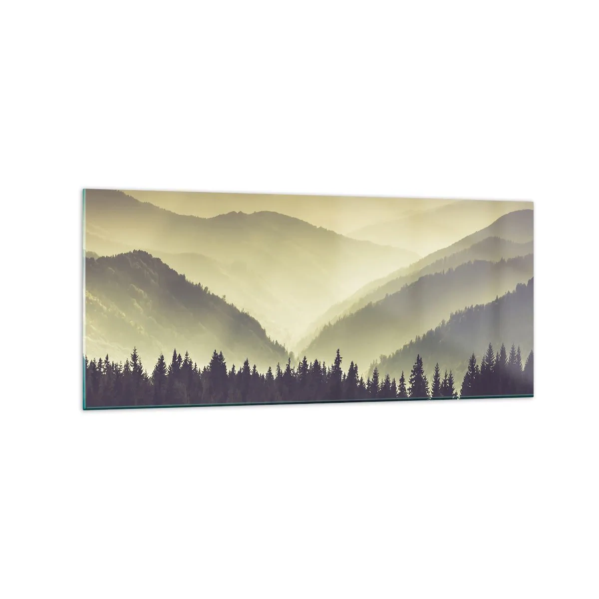 Cuadro sobre vidrio - Impresiones sobre Vidrio - Pintorescas cadenas montañosas envueltas en niebla y con una luz cálida - 120x50cm - Más allá de las siete montañas... - Decoración de pared moderna para salón y dormitorio ARTTOR