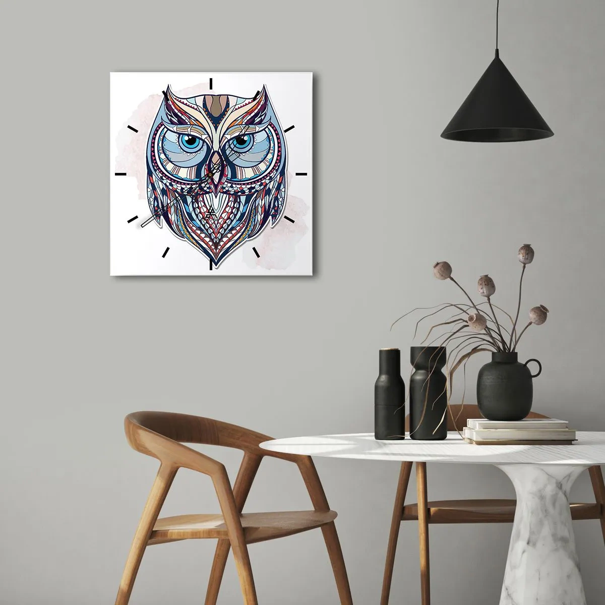 Reloj de pared - Reloj de vidrio - Búho geométrico en tonos azules y beige. - 30x30cm - Búho adornado con arte - Decoración de pared moderna para salón y dormitorio ARTTOR