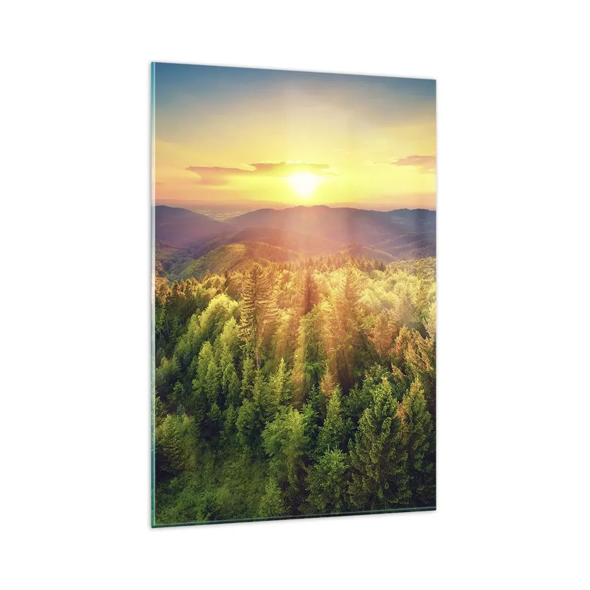 Cuadro sobre vidrio - Impresiones sobre Vidrio - Paisaje forestal con puesta de sol sobre las colinas - 80x120cm - Desde lo alto - Decoración de pared moderna para salón y dormitorio ARTTOR