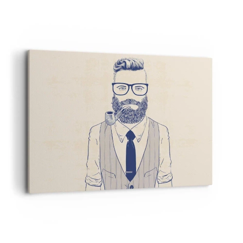 Cuadro sobre lienzo - Impresión de Imagen - Hombre estilizado con barba, pipa y gafas. - 100x70cm - Alegre, masculino y a la moda - Decoración de pared moderna para salón y dormitorio ARTTOR
