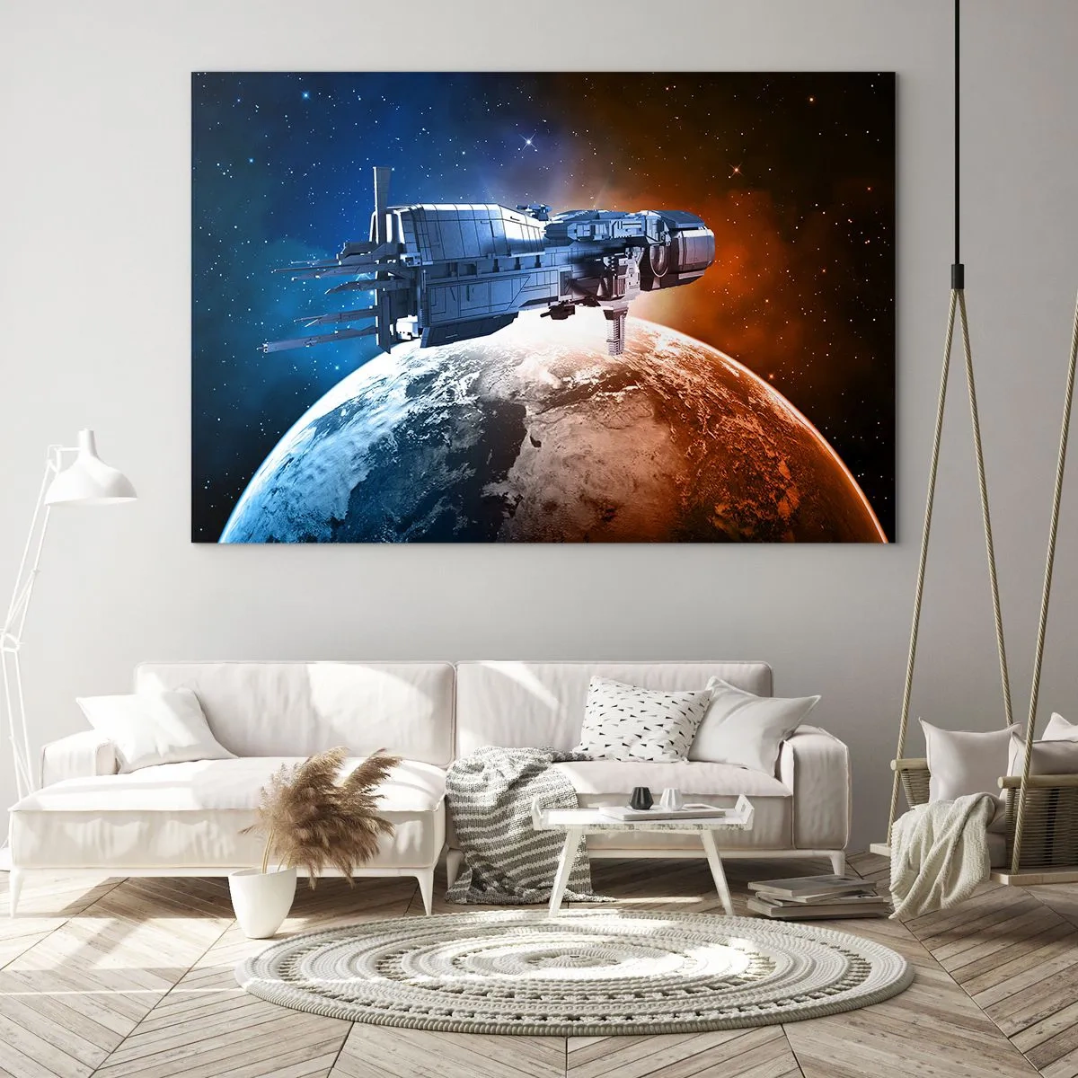 Cuadro sobre vidrio - Impresiones sobre Vidrio - Una nave espacial orbitando un planeta a la luz de las estrellas. - 70x50cm - Un observador atento - Decoración de pared moderna para salón y dormitorio ARTTOR