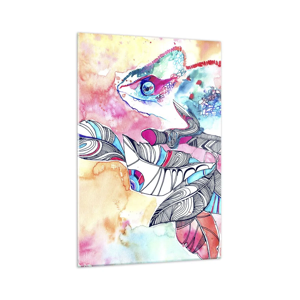 Cuadro sobre vidrio - Impresiones sobre Vidrio - Camaleón colorido sobre fondo de hojas abstractas - 70x100cm - Colorido como nuestro mundo - Decoración de pared moderna para salón y dormitorio ARTTOR
