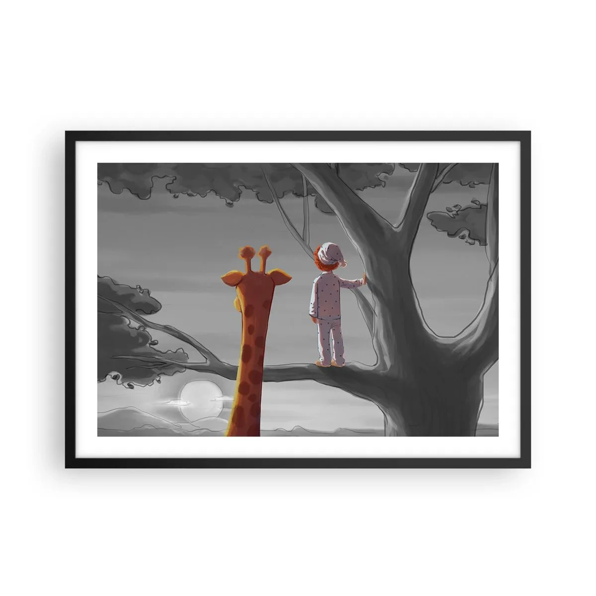 Póster en marco negro - Un niño y una jirafa en la rama de un árbol en un paisaje de cuento de hadas. - 70x50cm - ¿Está sucediendo de verdad? - Decoración de pared moderna para salón y dormitorio ARTTOR