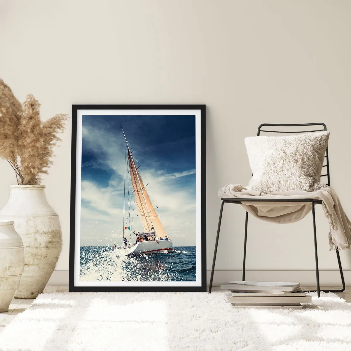 Póster en marco negro - Un velero en alta mar bajo un cielo azul. - 50x70cm - ¡No nos alcanzarán! - Decoración de pared moderna para salón y dormitorio ARTTOR