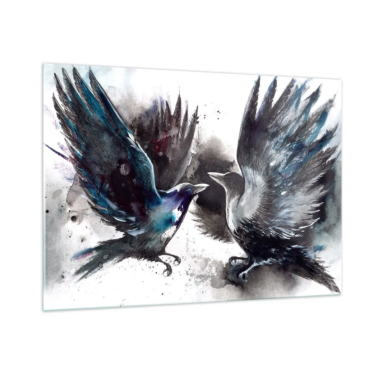 Cuadro sobre vidrio - Impresiones sobre Vidrio - Dos cuervos en una pose dinámica con las alas extendidas. - 100x70cm - De cuervo a cuervo... - Decoración de pared moderna para salón y dormitorio ARTTOR