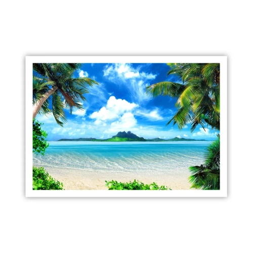 Póster - Playa tropical con palmeras y vista a la isla. - 100x70cm - El azul de los trópicos - Decoración de pared moderna para salón y dormitorio ARTTOR