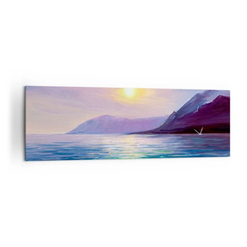 Cuadro sobre lienzo - Impresión de Imagen - Un pintoresco paisaje marino al atardecer con olas y montañas. - 160x50cm - Cristal de agua y aire - Decoración de pared moderna para salón y dormitorio ARTTOR