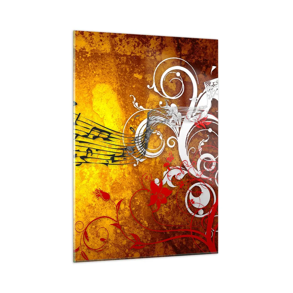 Cuadro sobre vidrio - Impresiones sobre Vidrio - Motivos musicales sobre un fondo de adornos dorados. - 50x70cm - Deja que la música fluya - Decoración de pared moderna para salón y dormitorio ARTTOR