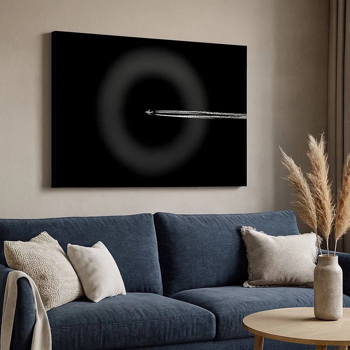 Cuadro sobre lienzo - Impresión de Imagen - Un avión a reacción con una estela de condensación visible sobre un fondo negro. - 70x50cm - En otra dimensión - Decoración de pared moderna para salón y dormitorio ARTTOR