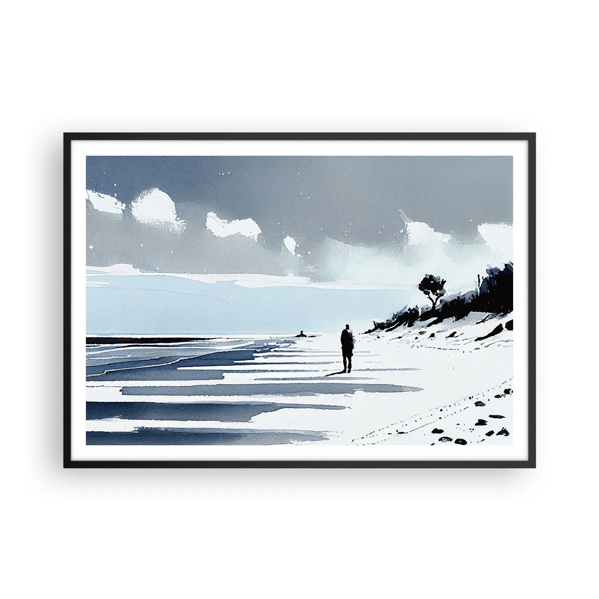 Póster en marco negro - Una figura solitaria caminando por una playa vacía - 100x70cm - Solo conmigo mismo - Decoración de pared moderna para salón y dormitorio ARTTOR