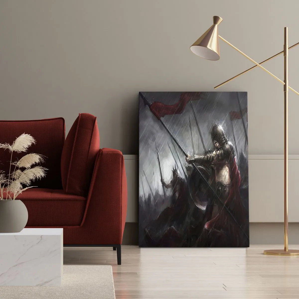 Cuadro sobre lienzo - Impresión de Imagen - Caballeros marchando al campo de batalla bajo la lluvia - 50x70cm - Unidos somos más fuertes - Decoración de pared moderna para salón y dormitorio ARTTOR