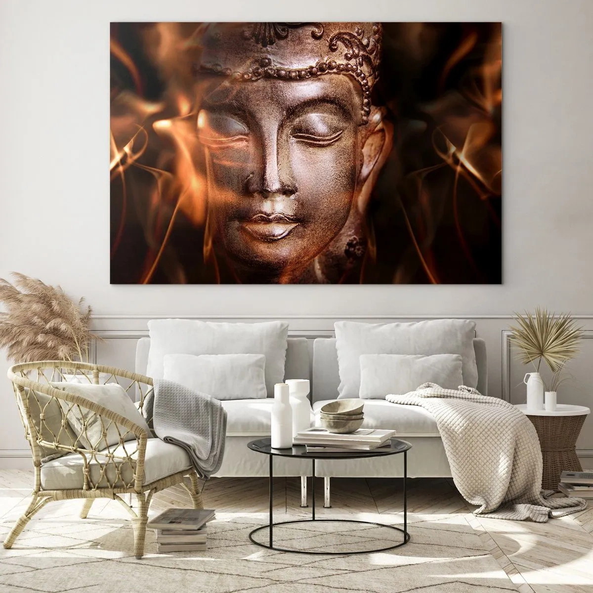 Cuadro sobre vidrio - Impresiones sobre Vidrio - El rostro brumoso de Buda en tonos cálidos de oro y marrón. - 70x50cm - Solo existe el aquí y el ahora - Decoración de pared moderna para salón y dormitorio ARTTOR