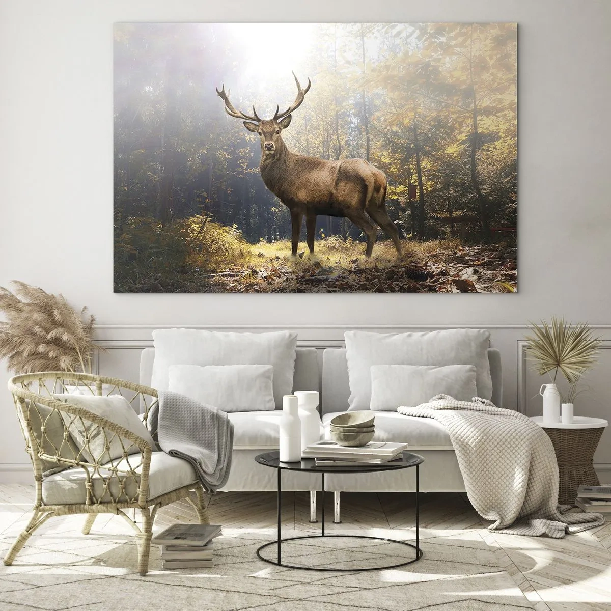 Cuadro sobre vidrio - Impresiones sobre Vidrio - Un ciervo majestuoso en un bosque otoñal iluminado por el sol - 70x50cm - Con toda la majestuosidad - Decoración de pared moderna para salón y dormitorio ARTTOR