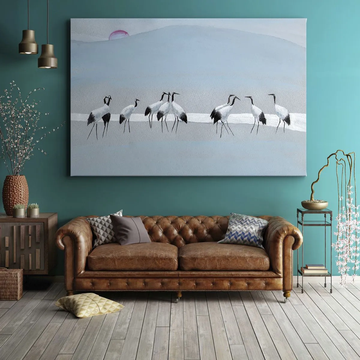 Cuadro sobre lienzo - Impresión de Imagen - Un grupo de grullas contra un cielo azul y el sol naciente. - 100x70cm - Después de un día caluroso - Decoración de pared moderna para salón y dormitorio ARTTOR