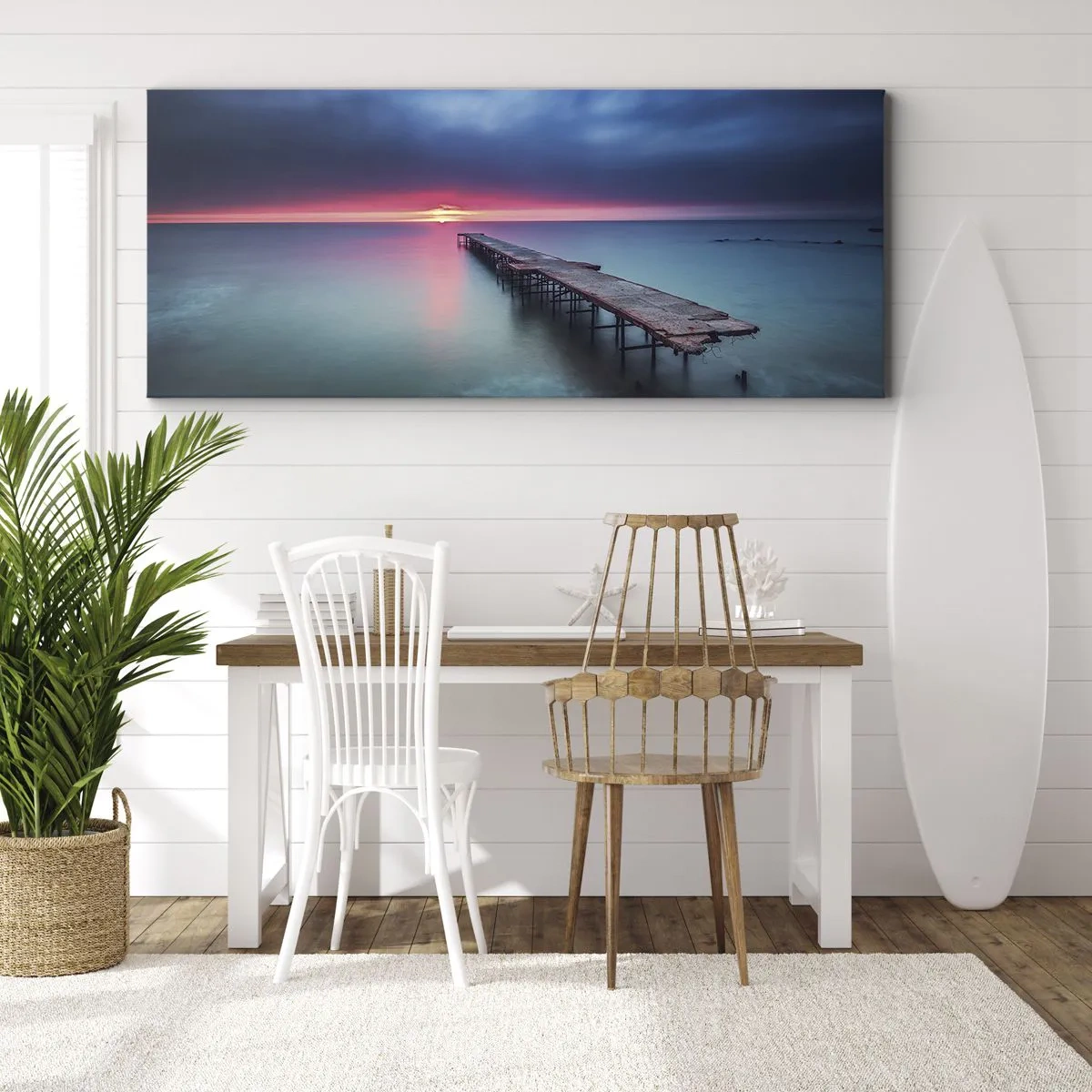 Cuadro sobre lienzo - Impresión de Imagen - Un muelle de madera que conduce directamente al mar al atardecer. - 160x50cm - Entre el cielo y el agua - Decoración de pared moderna para salón y dormitorio ARTTOR
