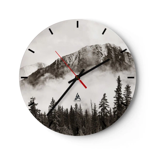 Reloj de pared - Reloj de vidrio - Paisaje de montaña con bosque en un ambiente brumoso. - 30x30cm - Gobernante de granito - Decoración de pared moderna para salón, cocina y dormitorio ARTTOR