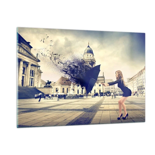 Cuadro sobre vidrio - Impresiones sobre Vidrio - Una mujer con un paraguas con el telón de fondo de una plaza de la ciudad en una composición artística. - 120x80cm - Hay un viento tan... - Decoración de pared moderna para salón y dormitorio ARTTOR