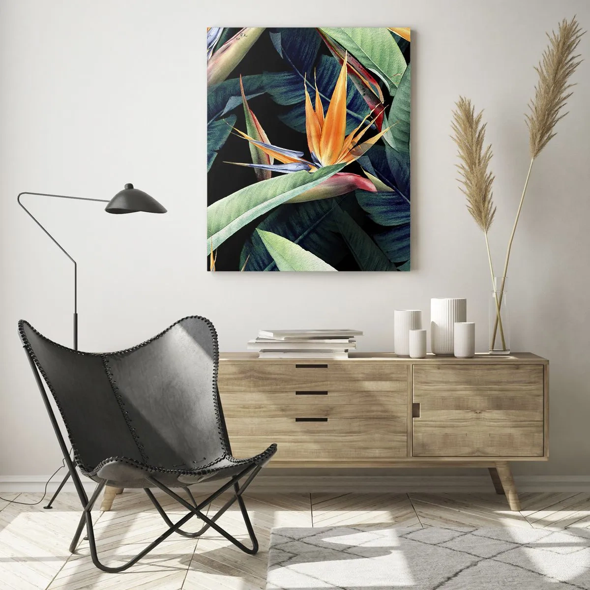 Cuadro sobre vidrio - Impresiones sobre Vidrio - Flores y hojas tropicales sobre fondo negro. - 80x120cm - Flores de llamas de los trópicos - Decoración de pared moderna para salón y dormitorio ARTTOR