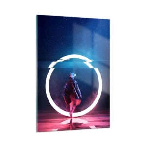 Cuadro sobre vidrio - Impresiones sobre Vidrio - Una figura en un entorno futurista con un anillo de neón. - 50x70cm - Entre mundos - Decoración de pared moderna para salón y dormitorio ARTTOR