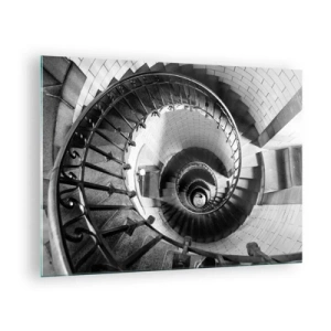 Cuadro sobre vidrio - Impresiones sobre Vidrio - Fotografía en blanco y negro de una escalera de caracol en perspectiva. - 70x50cm - Cada vez más alto - Decoración de pared moderna para salón y dormitorio ARTTOR
