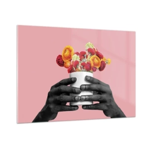 Cuadro sobre vidrio - Impresiones sobre Vidrio - Manos en blanco y negro sosteniendo un ramo de flores de colores. - 100x70cm - La apoteosis de la vida - Decoración de pared moderna para salón y dormitorio ARTTOR