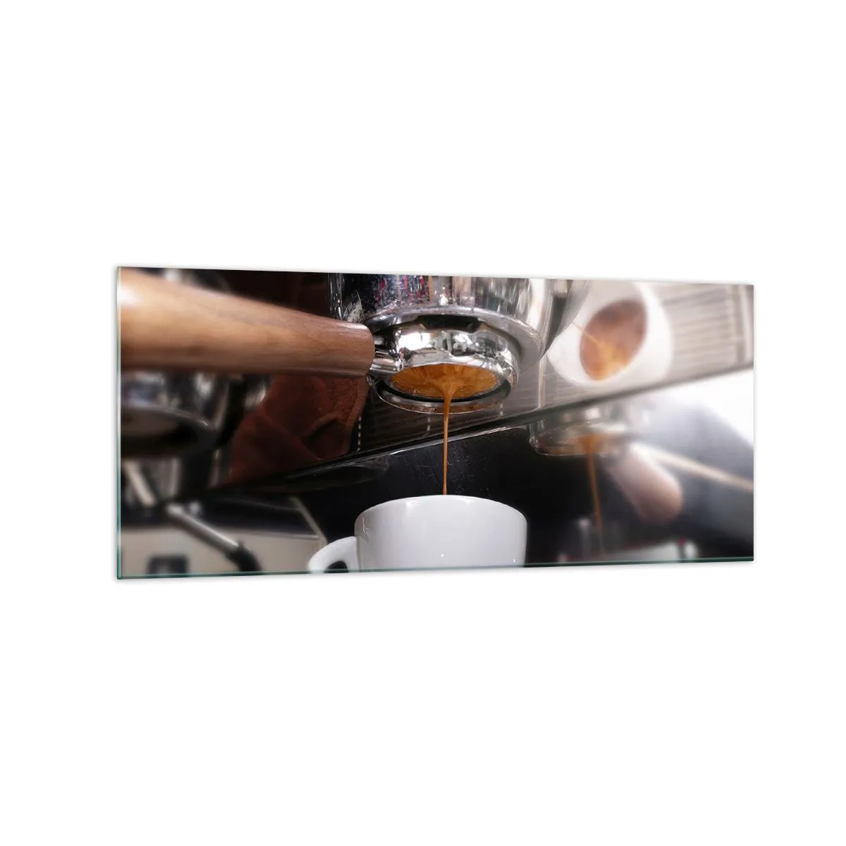 Cuadro sobre vidrio - Impresiones sobre Vidrio - Primer plano de una máquina de café preparando una dosis fresca de espresso - 120x50cm - El mejor momento del día - Decoración de pared moderna para salón y dormitorio ARTTOR