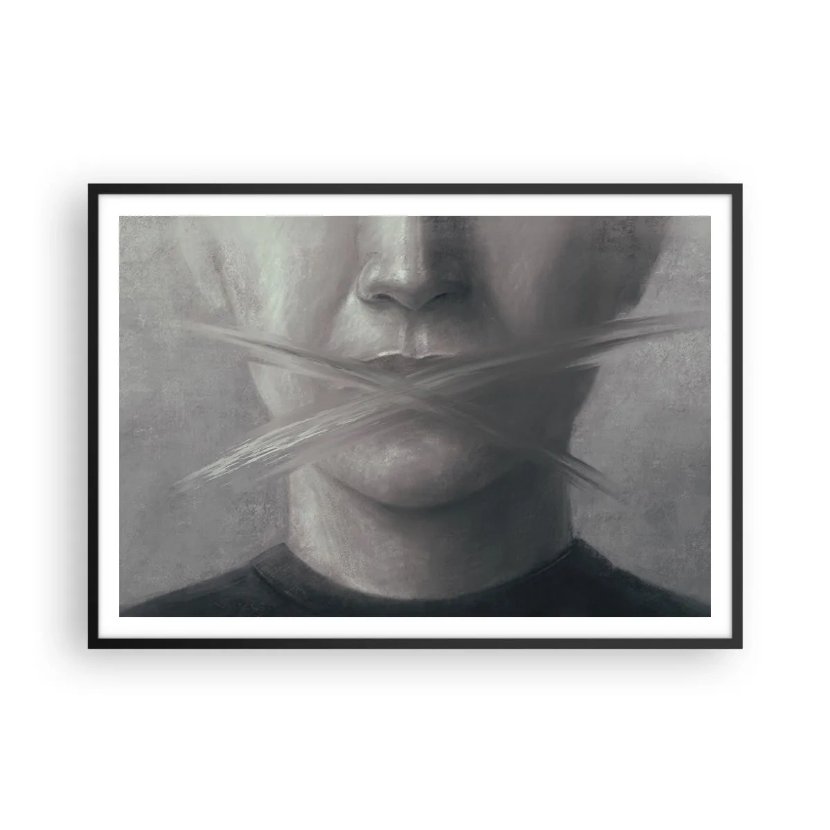 Póster en marco negro - Un retrato simbólico con labios difuminados en tonos grises. - 100x70cm - Ni una palabra - Decoración de pared moderna para salón y dormitorio ARTTOR