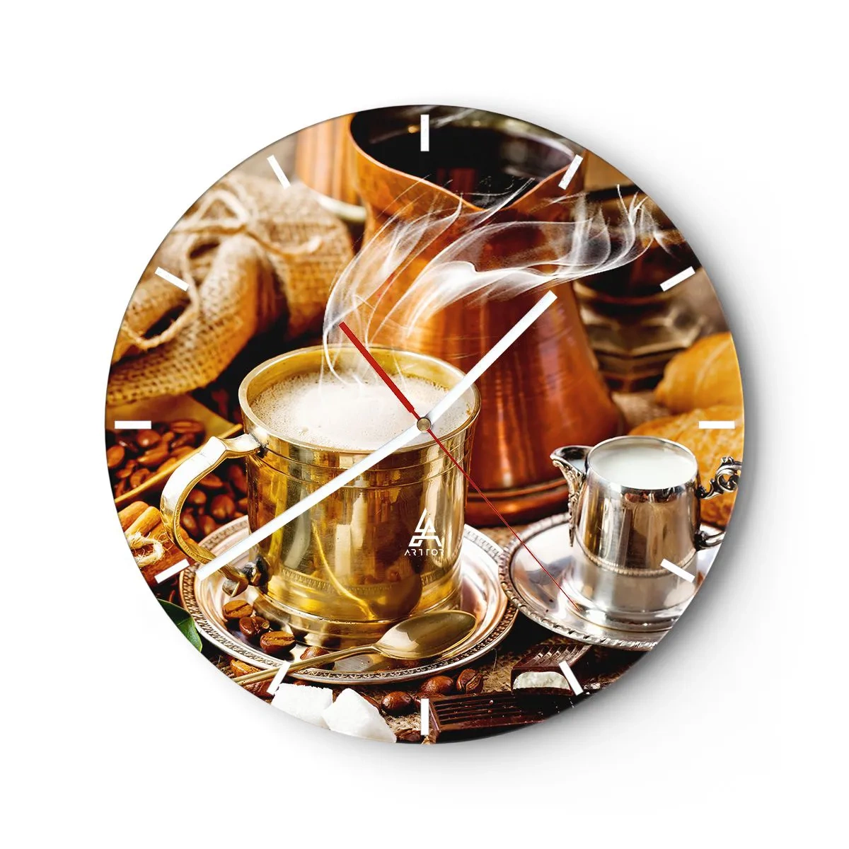 Reloj de pared - Reloj de vidrio - Una taza de café humeante en un marco dorado con accesorios. - 30x30cm - Que tengas un buen día - Decoración de pared moderna para salón, cocina y dormitorio ARTTOR
