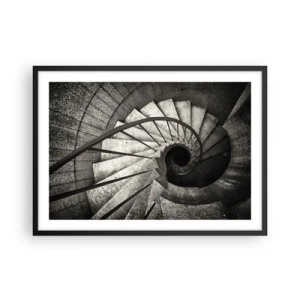 Póster en marco negro - Escalera de caracol en blanco y negro de estilo moderno. - 70x50cm - Escaleras arriba, escaleras abajo - Decoración de pared moderna para salón y dormitorio ARTTOR