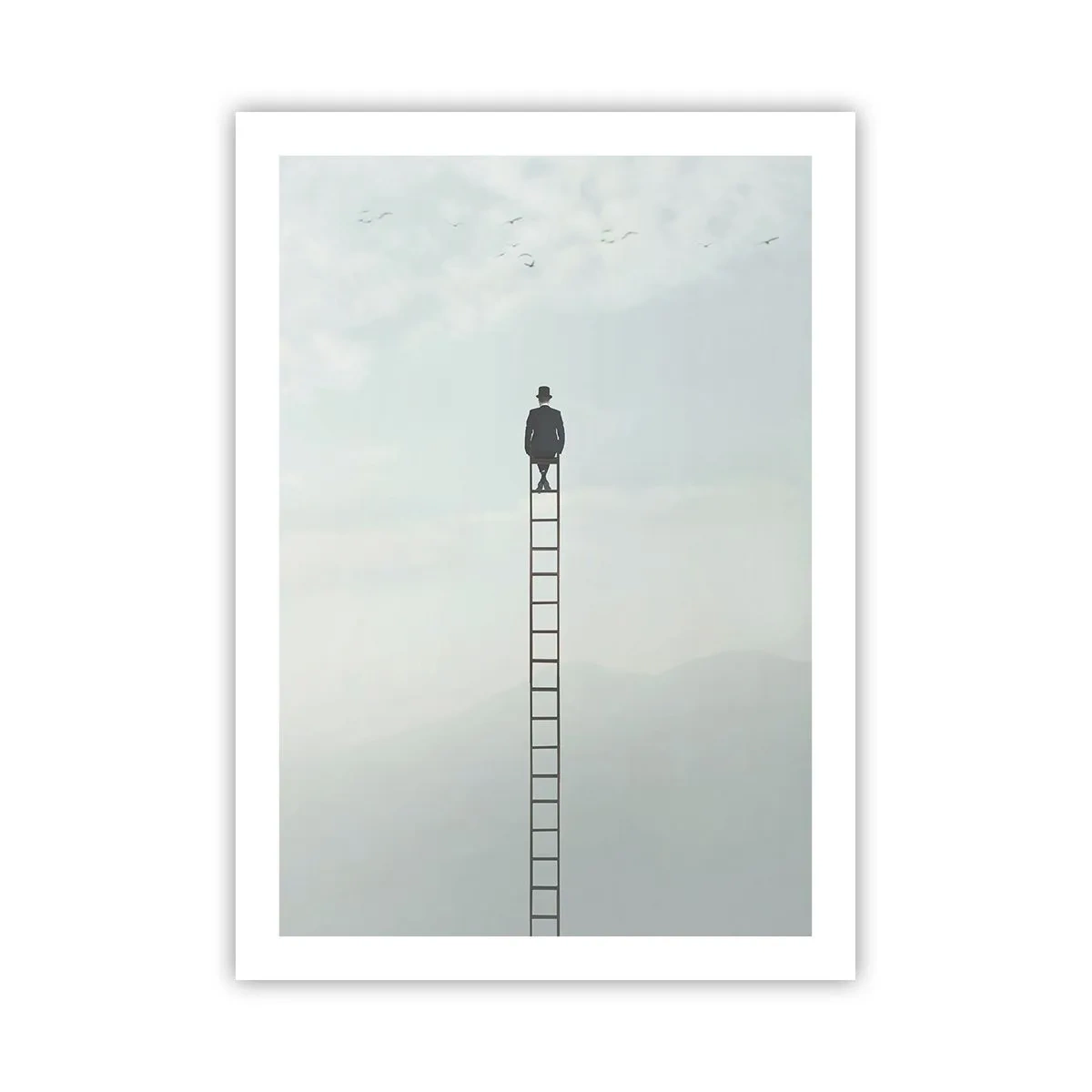 Póster - Hombre en una escalera mirando al cielo - 50x70cm - Hacia lo más alto - Decoración de pared moderna para salón y dormitorio ARTTOR