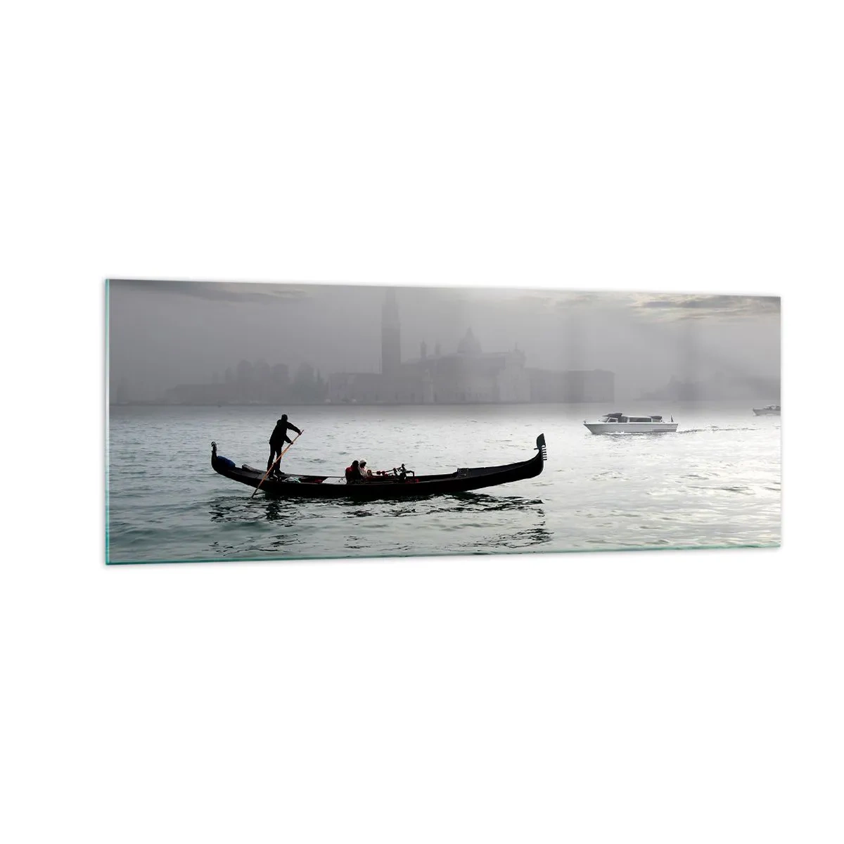 Cuadro sobre vidrio - Impresiones sobre Vidrio - Una góndola se desliza por las aguas de Venecia en una mañana brumosa, con vistas a la ciudad. - 140x50cm - Una fabulosa ciudad de agua y niebla - Decoración de pared moderna para salón y dormitorio ARTTOR