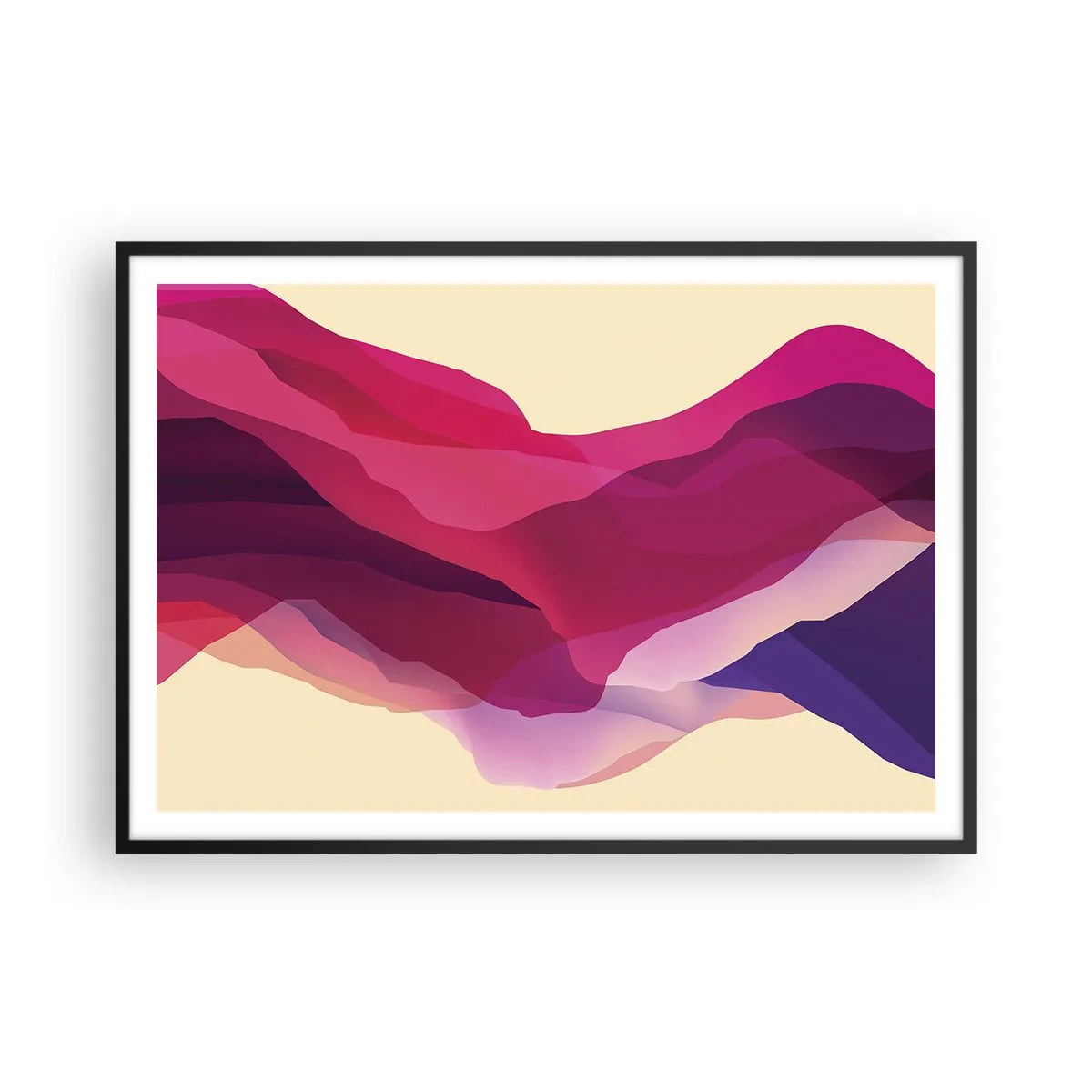 Póster en marco negro - Ondas abstractas en tonos morados y rosas sobre un fondo claro. - 100x70cm - Ondas púrpuras - Decoración de pared moderna para salón y dormitorio ARTTOR