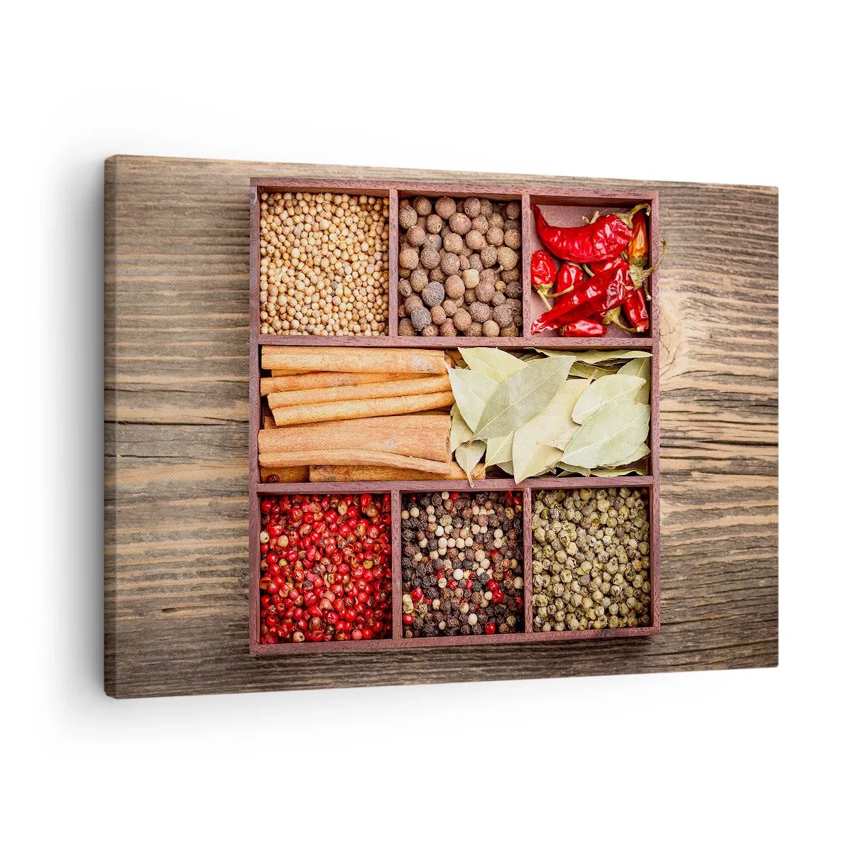 Cuadro sobre lienzo - Impresión de Imagen - Caja de madera con varias especias en compartimentos. - 70x50cm - Orden de formas, composición de aromas - Decoración de pared moderna para salón y dormitorio ARTTOR