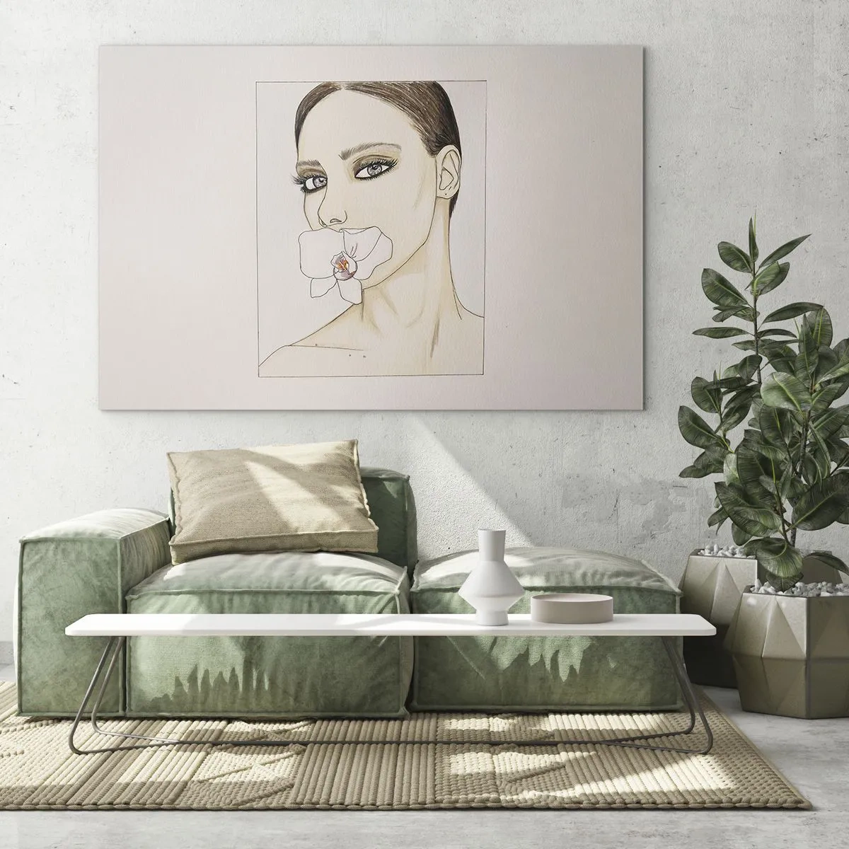 Cuadro sobre vidrio - Impresiones sobre Vidrio - Retrato de una mujer con una orquídea en la boca sobre un fondo claro. - 100x70cm - Elegancia y belleza - Decoración de pared moderna para salón y dormitorio ARTTOR