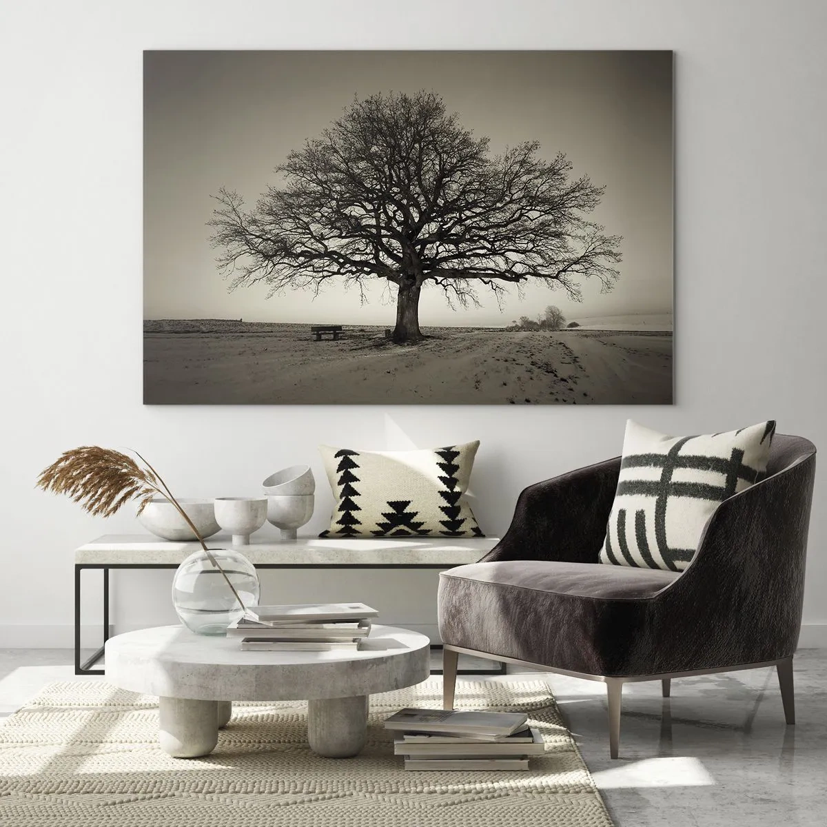 Cuadro sobre vidrio - Impresiones sobre Vidrio - Un árbol solitario en un paisaje monocromático. - 120x80cm - De aquí a la eternidad - Decoración de pared moderna para salón y dormitorio ARTTOR