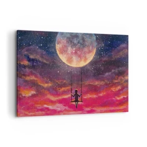 Cuadro sobre lienzo - Impresión de Imagen - Una figura en un columpio suspendido contra la luna. - 120x80cm - Disfrutar de las nubes - Decoración de pared moderna para salón y dormitorio ARTTOR