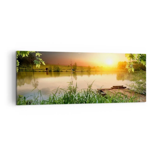 Cuadro sobre lienzo - Impresión de Imagen - Paisaje verde con un lago al atardecer - 140x50cm - Paisaje en un marco verde - Decoración de pared moderna para salón y dormitorio ARTTOR
