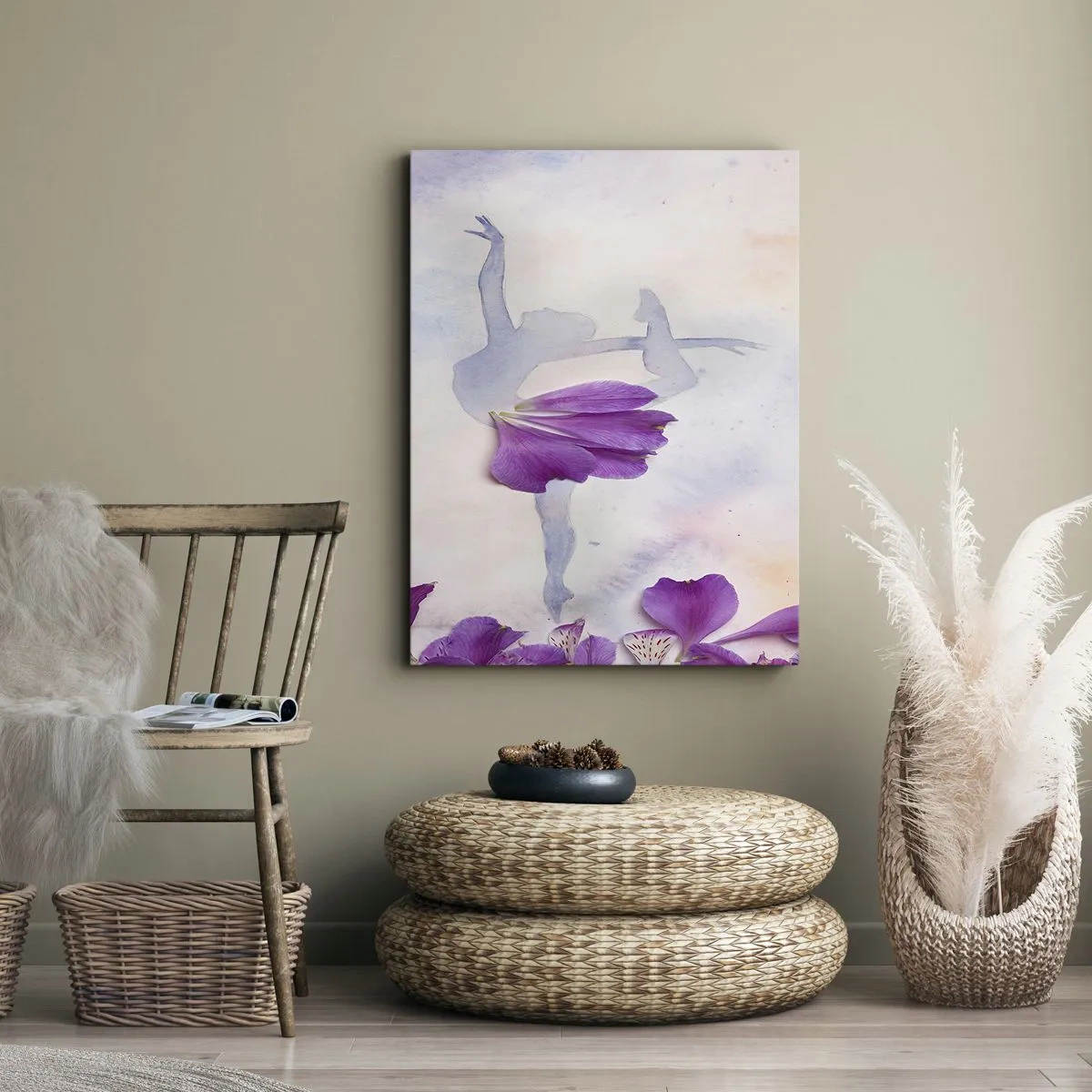Cuadro sobre lienzo - Impresión de Imagen - Una bailarina con un vestido de pétalos de flores sobre un fondo pastel. - 50x70cm - Suave como una flor - Decoración de pared moderna para salón y dormitorio ARTTOR