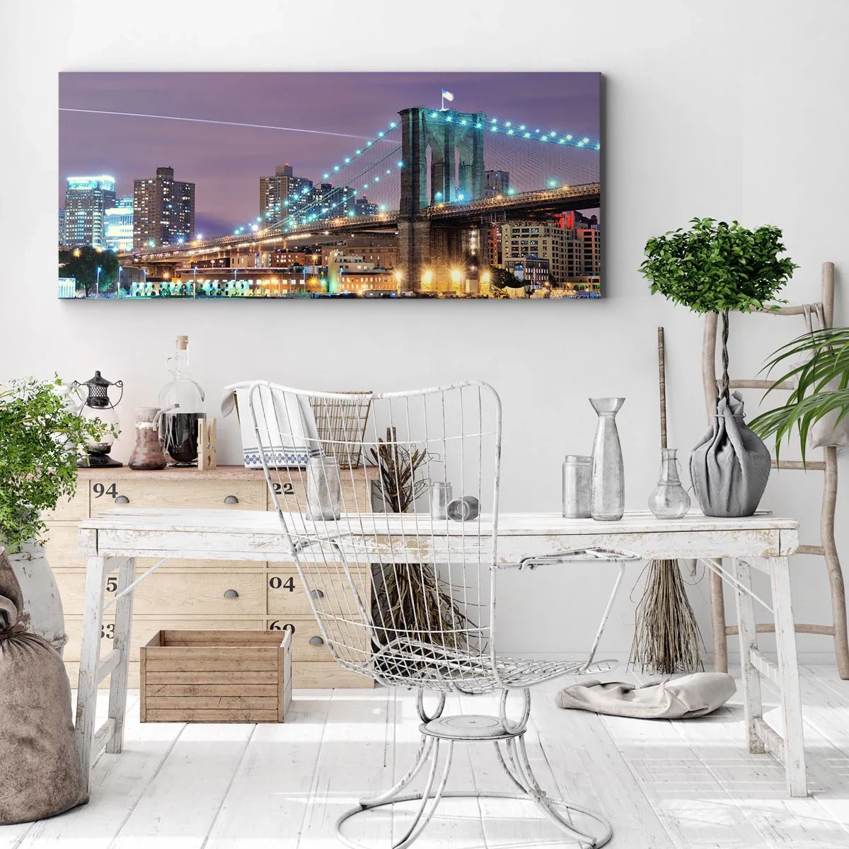 Cuadro sobre lienzo - Impresión de Imagen - Puente de Brooklyn de noche con la ciudad iluminada al fondo - 160x50cm - Durante muchos años, el puente de Brooklyn - Decoración de pared moderna para salón y dormitorio ARTTOR