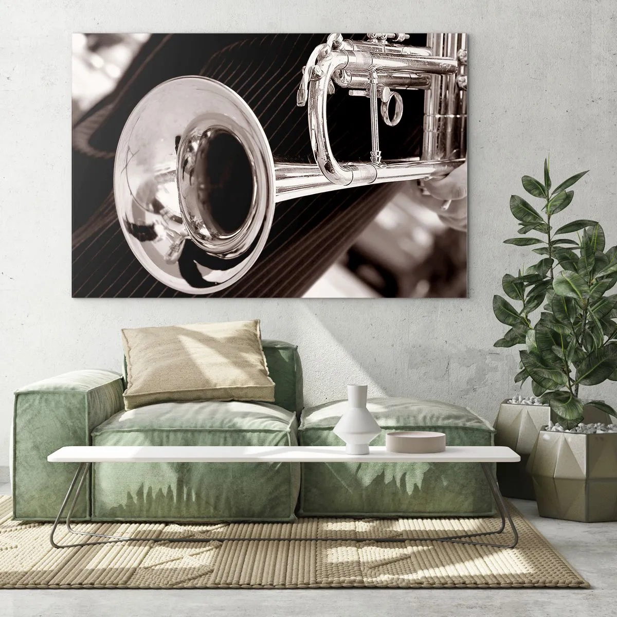 Cuadro sobre vidrio - Impresiones sobre Vidrio - Trompeta plateada sobre un fondo de rayas sepia - 70x50cm - Viaje musical a los años 30. - Decoración de pared moderna para salón y dormitorio ARTTOR