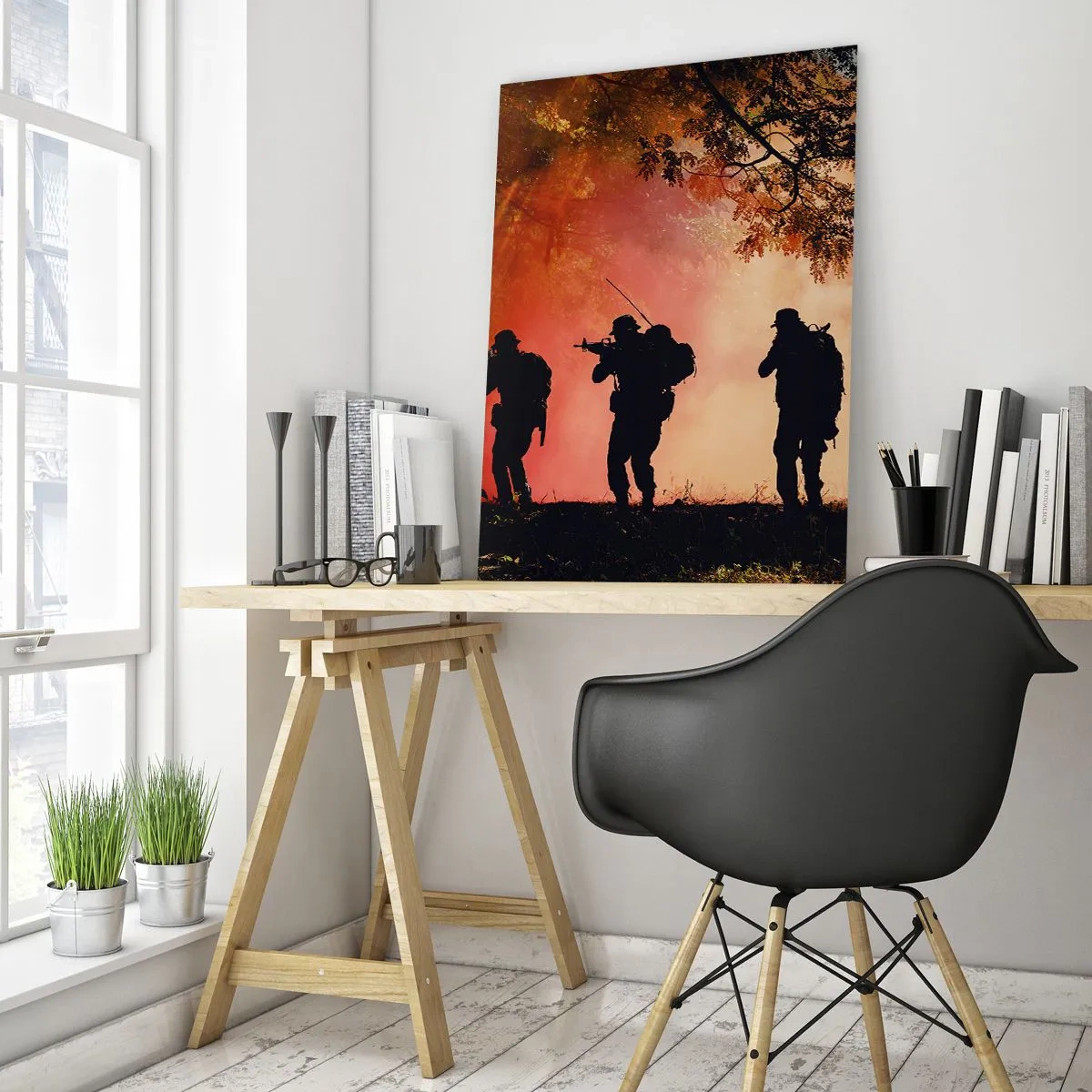 Cuadro sobre vidrio - Impresiones sobre Vidrio - Siluetas de soldados en el bosque contra el cielo naranja. - 70x100cm - ...Todo para uno. - Decoración de pared moderna para salón y dormitorio ARTTOR