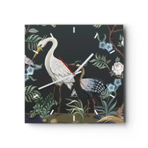 Reloj de pared - Reloj de vidrio - Pájaros y plantas pintados sobre un fondo oscuro con un patrón elegante. - 30x30cm - Desfile de aves - Decoración de pared moderna para salón y dormitorio ARTTOR
