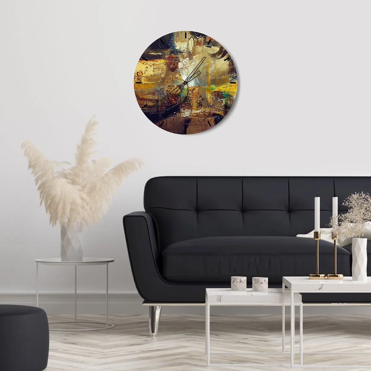 Reloj de pared - Reloj de vidrio - Una composición abstracta en tonos dorados, marrones y azules. - 30x30cm - Frío, templado, caliente - Decoración de pared moderna para salón, cocina y dormitorio ARTTOR