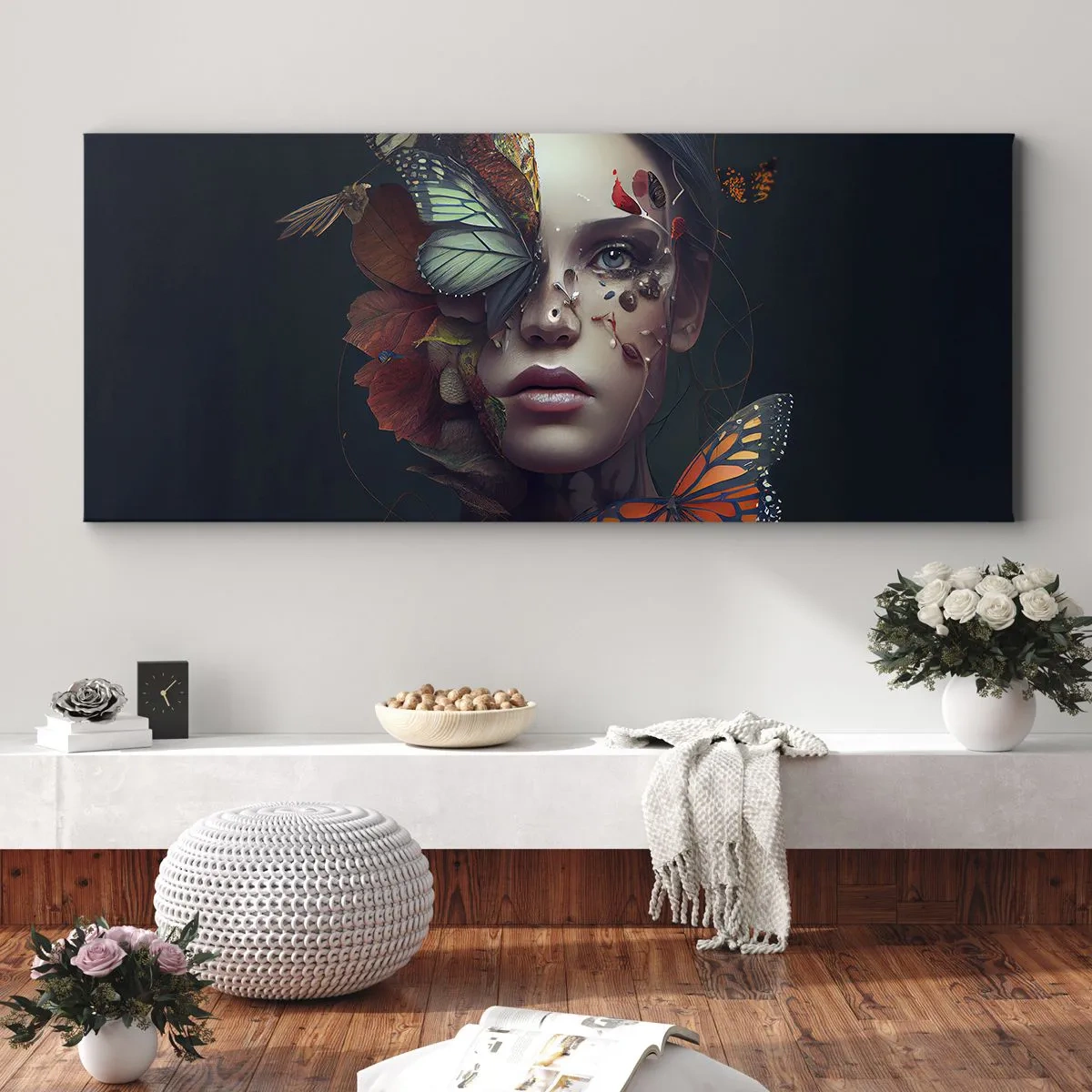 Cuadro sobre lienzo - Impresión de Imagen - Retrato de una mujer con mariposas y elementos vegetales. - 160x50cm - Una metamorfosis maravillosa - Decoración de pared moderna para salón y dormitorio ARTTOR