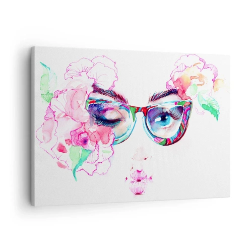 Cuadro sobre lienzo - Impresión de Imagen - Cara de acuarela con gafas de colores y flores. - 70x50cm - Una promesa tentadora - Decoración de pared moderna para salón y dormitorio ARTTOR