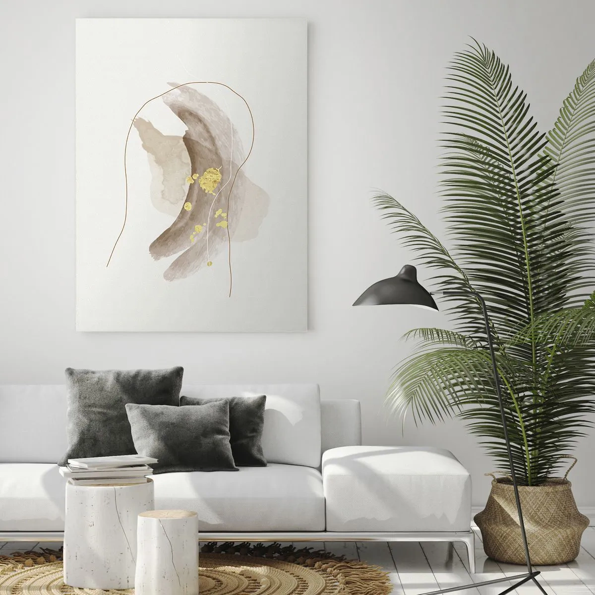 Cuadro sobre vidrio - Impresiones sobre Vidrio - Abstracción beige y dorada con líneas y formas delicadas. - 50x70cm - Encontrado en el espacio - Decoración de pared moderna para salón y dormitorio ARTTOR