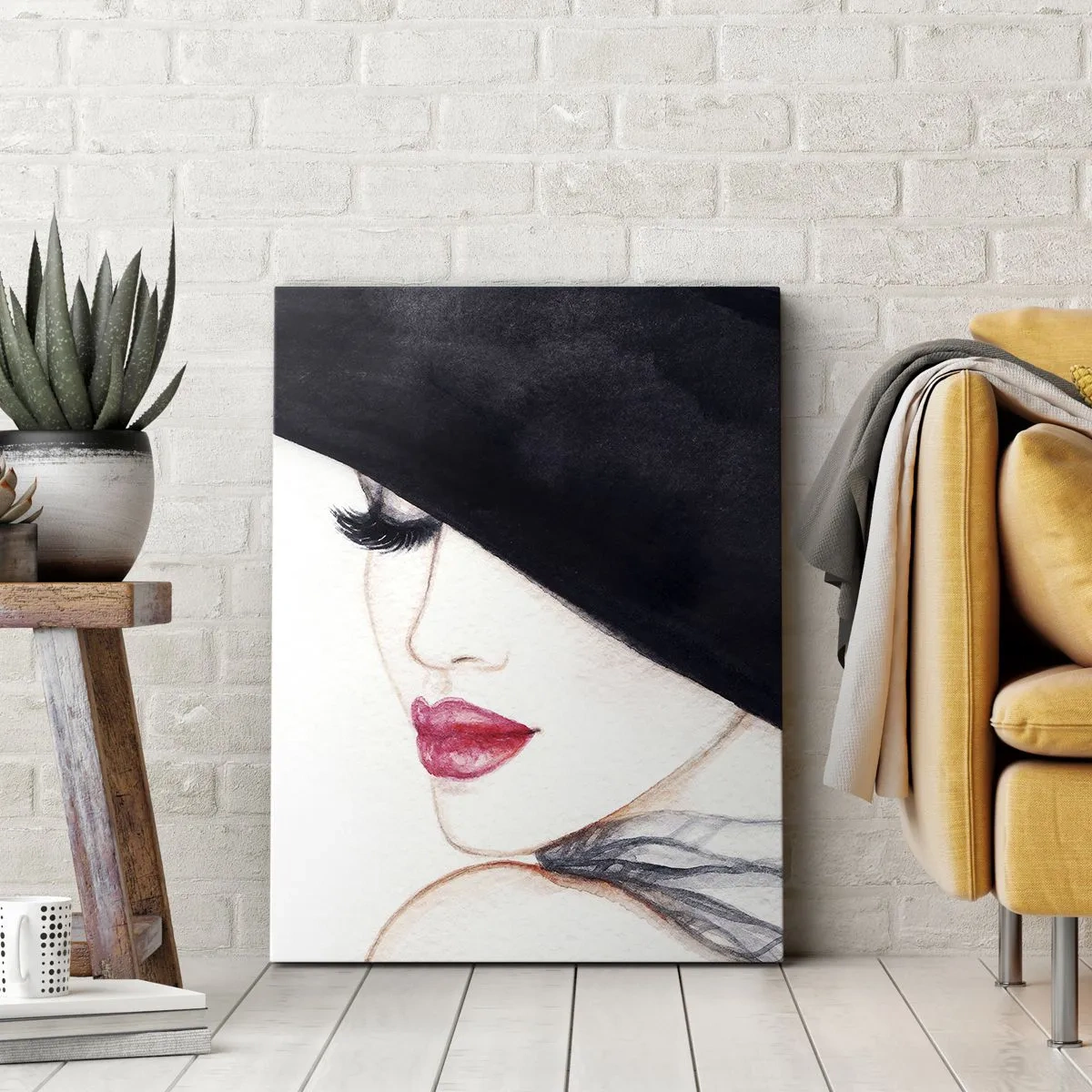 Cuadro sobre lienzo - Impresión de Imagen - Una ilustración sutil de una mujer con un sombrero negro y labios rojos. - 50x70cm - Elegancia y sensualidad - Decoración de pared moderna para salón y dormitorio ARTTOR