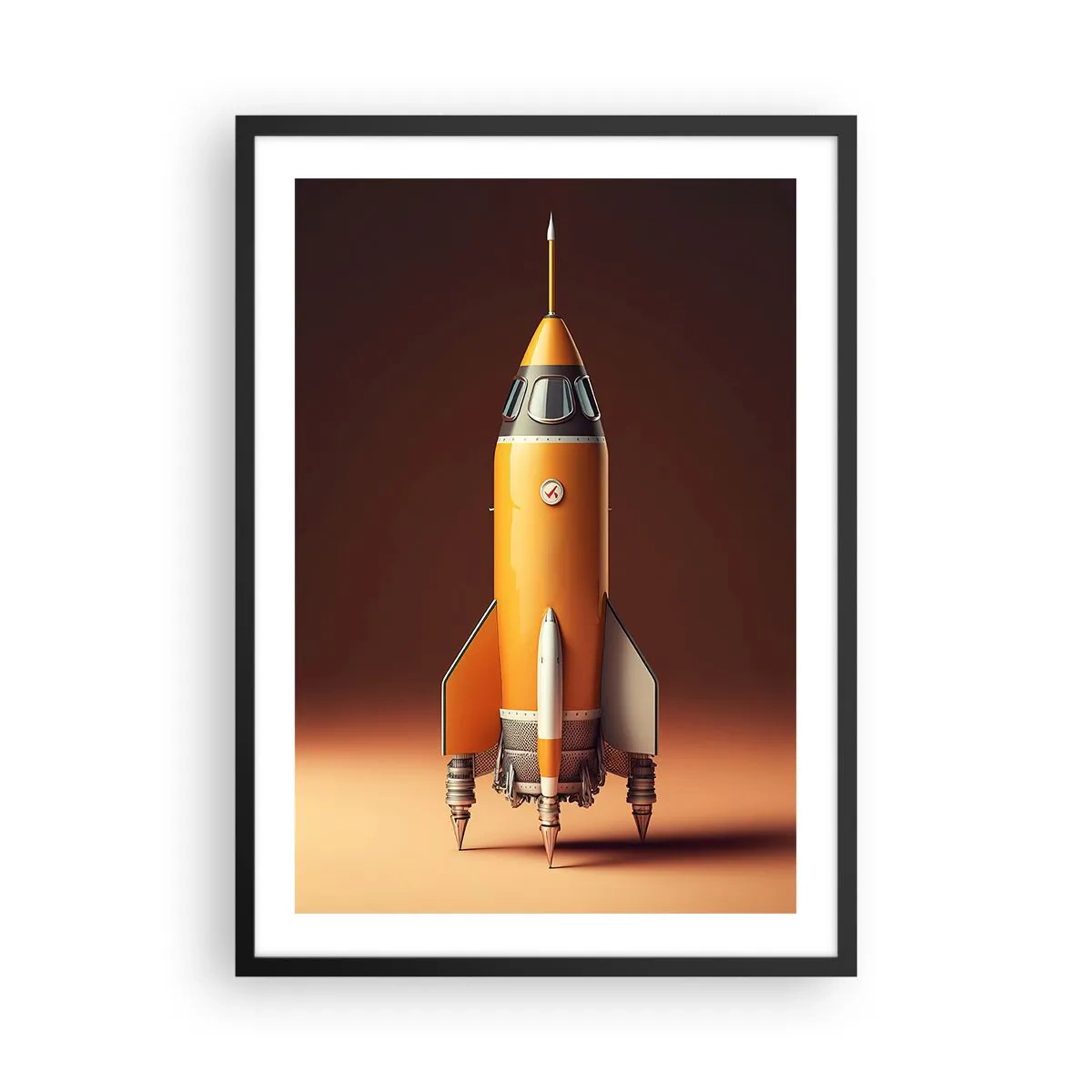 Póster en marco negro - Un cohete espacial moderno sobre un fondo de colores cálidos. - 50x70cm - Comienza con un sueño - Decoración de pared moderna para salón y dormitorio ARTTOR