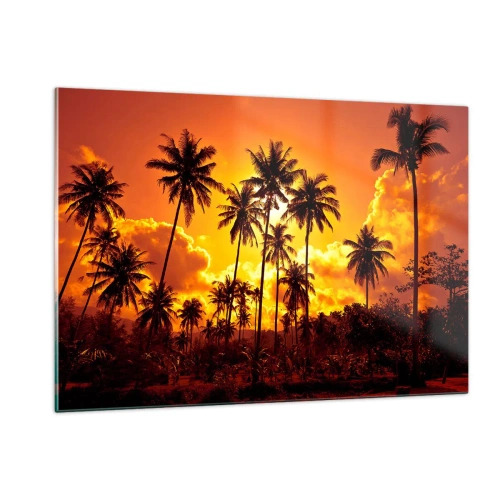 Cuadro sobre vidrio - Impresiones sobre Vidrio - Palmeras con el telón de fondo de una puesta de sol ardiente - 120x80cm - Las montañas arden, los bosques arden - Decoración de pared moderna para salón y dormitorio ARTTOR